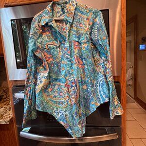 Woman's Lauren Ralph Lauren Colorful Print Button Up Shirt Tie Front L